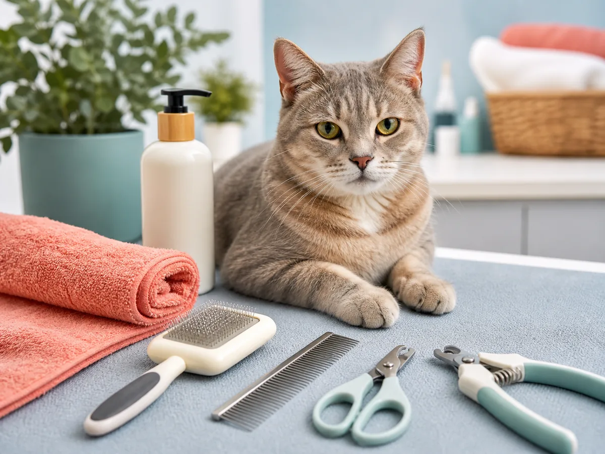 Cat grooming tools arranged beside a calm cat