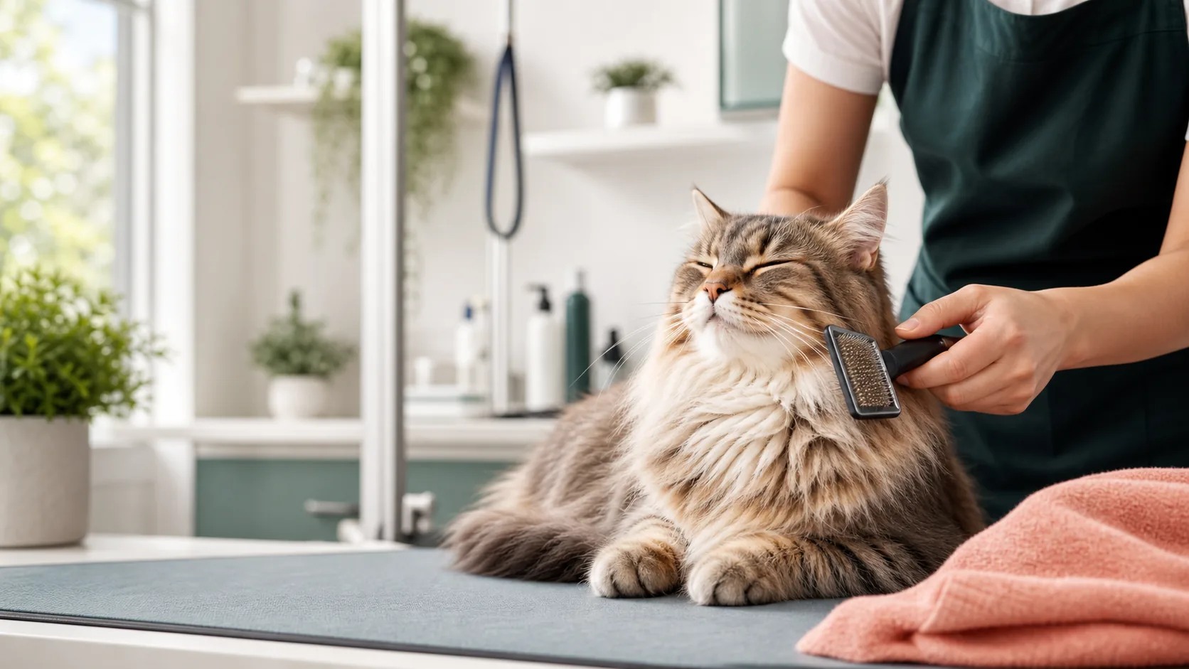 A calm long-haired cat being brushed in a bright grooming studio